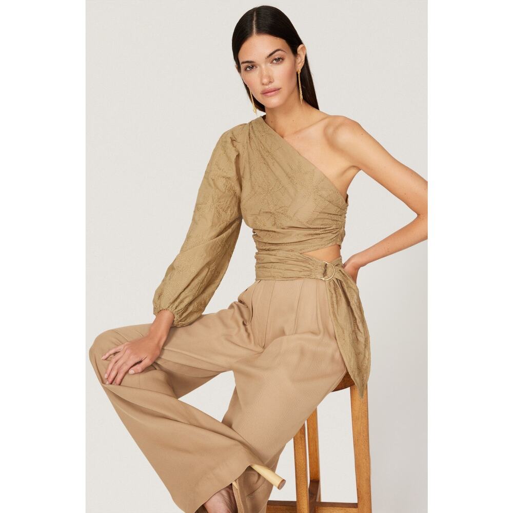 Maje Lalmeto One Sleeve Cut Out Ruched Tie Waist Tan Top Size Large - Picture 5 of 13